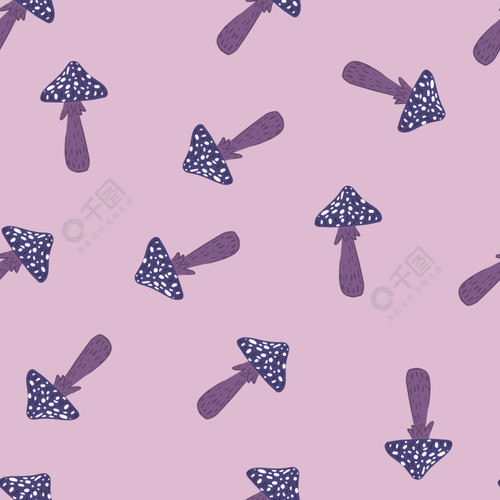 带有涂鸦魔法蘑菇元素的随机无缝图案紫色和蓝色的艺术品织物设计纺织