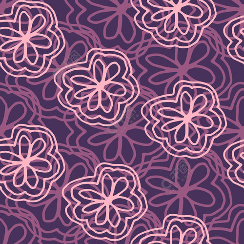 线条艺术粉红色花朵绽放无缝图案浪漫花卉无缝壁纸面料设计纺织品印花